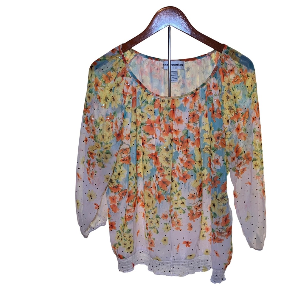 Cathy Daniels Blouse Womens XL Multicolor  Floral Sequin Smocked Mesh